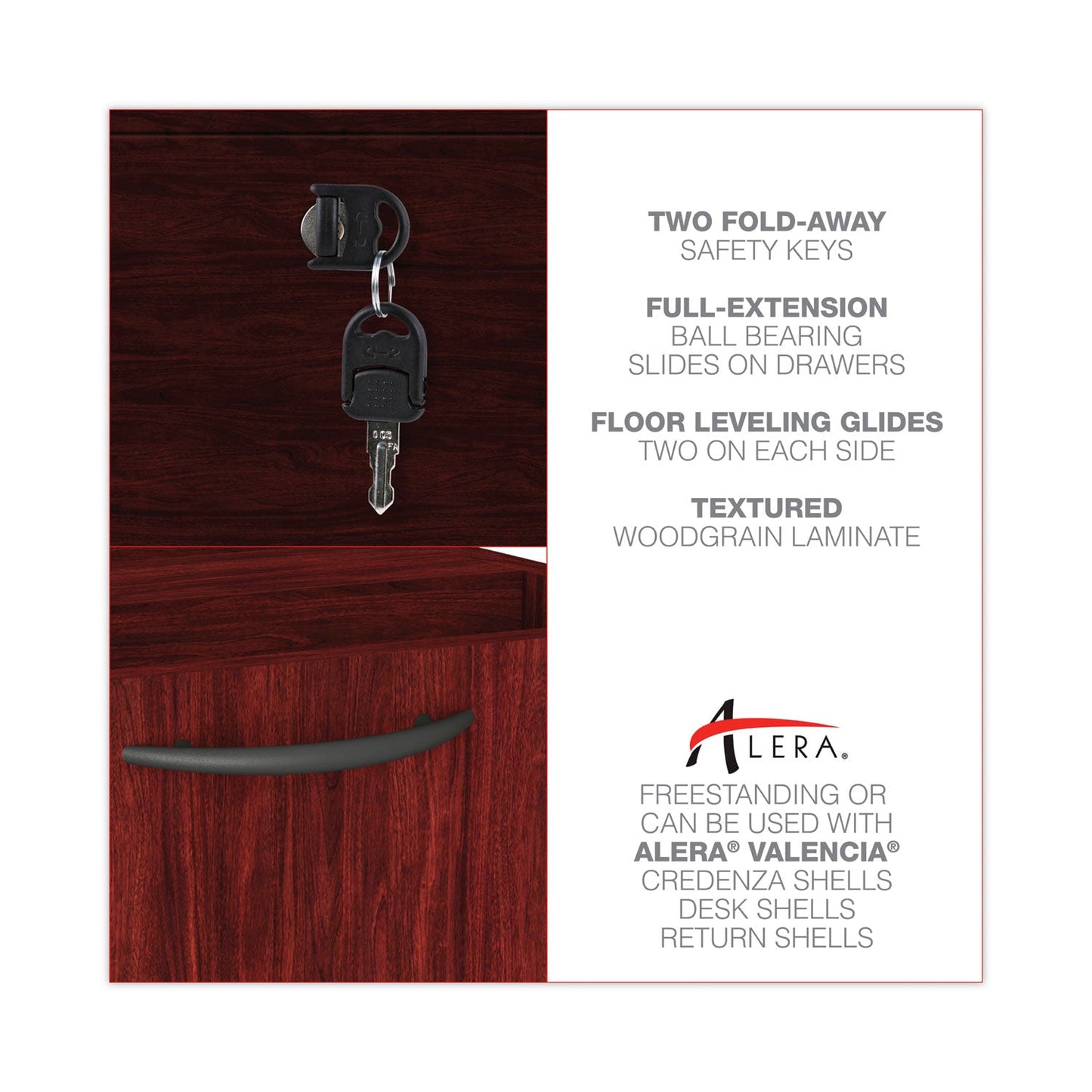 Alera Valencia Series Full Pedestal File, Left/Right, 3-Drawers: Box/Box/File, Legal/Letter, Mahogany, 15.63" x 20.5" x 28.5"