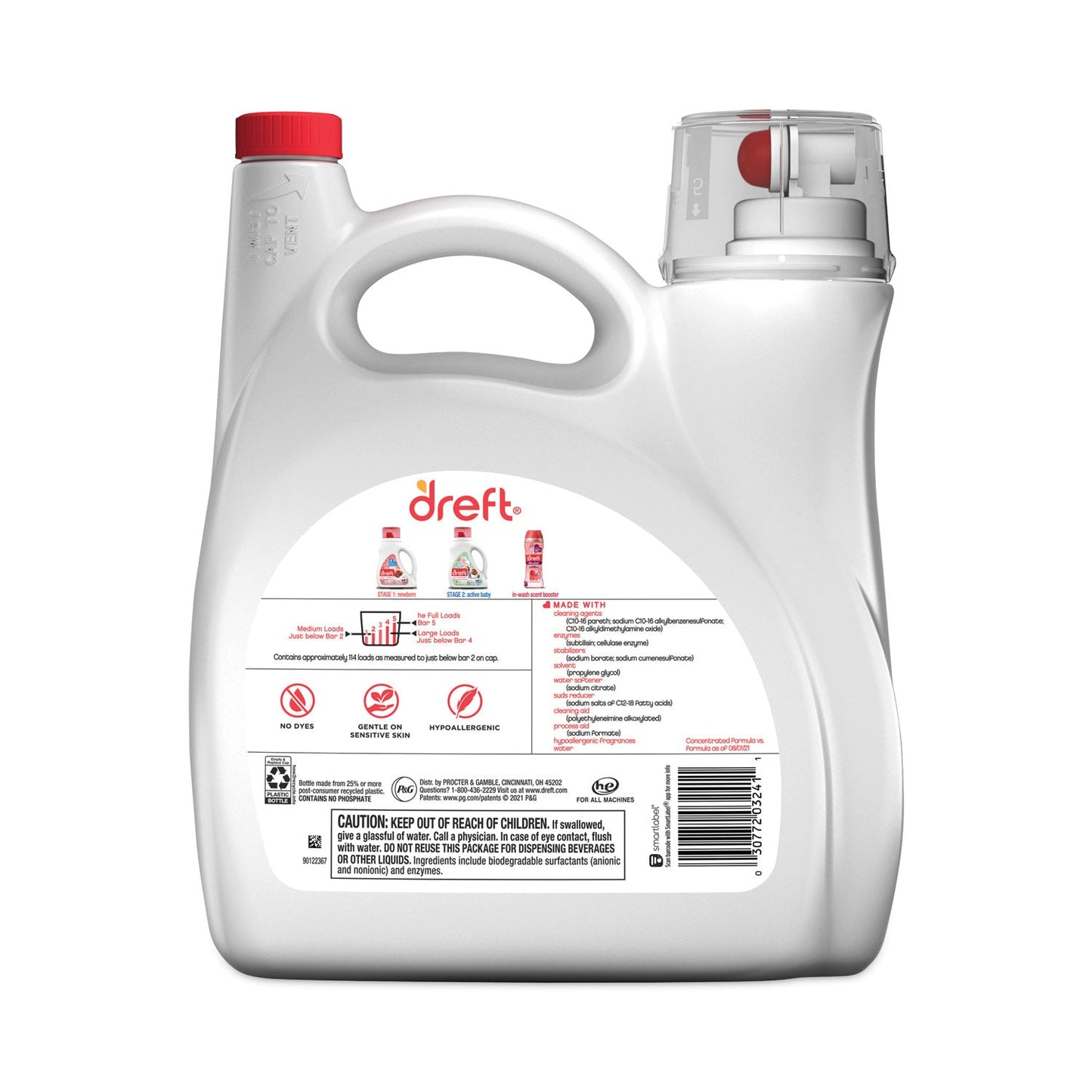 Dreft Ultra Laundry Detergent, Baby Powder Scent, 165 oz Bottle, 4/Carton
