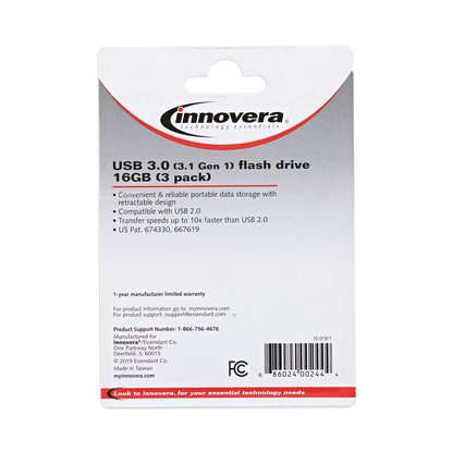 Innovera USB 3.0 Flash Drive, 16 GB, 3/Pack