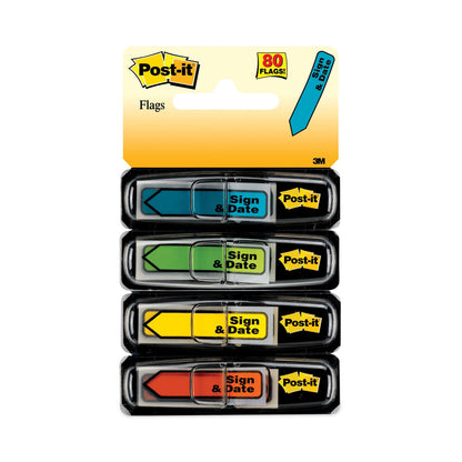 Post-it Arrow Message 0.5" Page Flags, Sign and Date, 4 Primary Colors, 20 Flags/Dispenser, 4 Dispensers/Pack