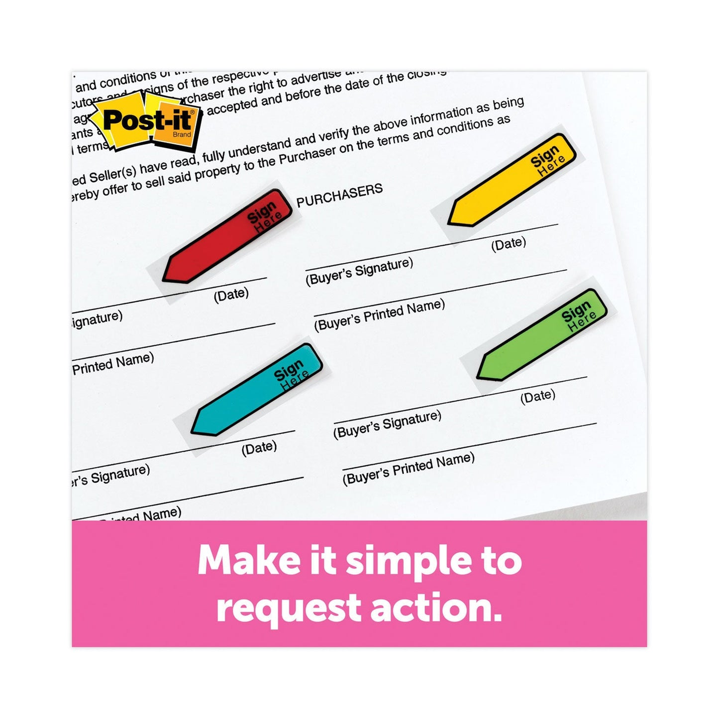 Post-it Arrow Message 0.5" Page Flags w/Dispensers, "Sign Here", Asst Primary, 30 Flags Dispenser, 4 Dispensers/Pack