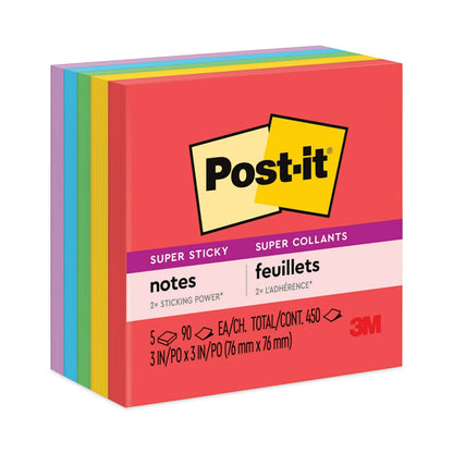 Post-it Pads in Playful Primary Collection Colors, 3" x 3", 90 Sheets/Pad, 5 Pads/Pack