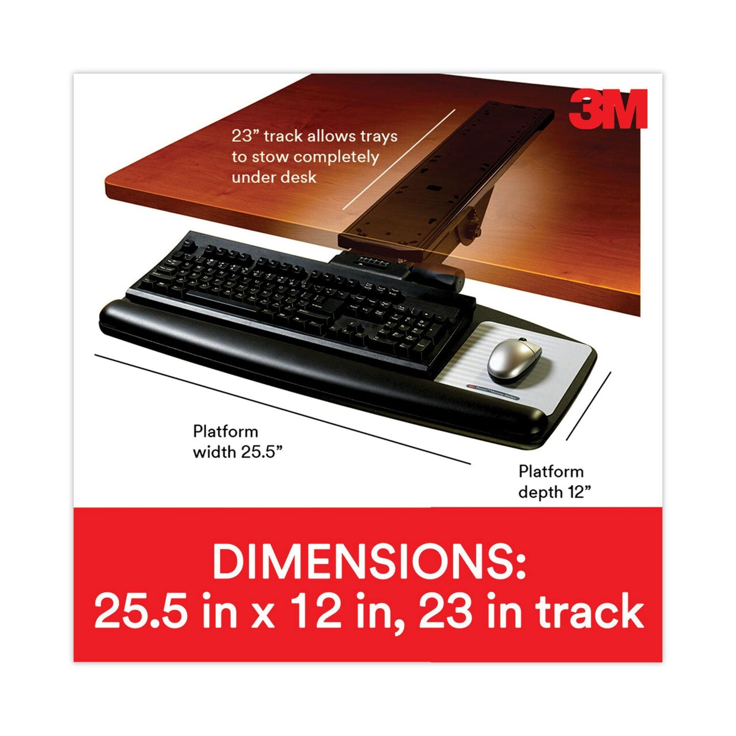 3M Easy Adjust Keyboard Tray, Standard Platform, 23" Track, Black