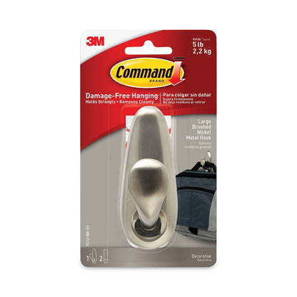 Command Adhesive Mount Metal Hook, Large, Brushed Nickel Finish, 1 Hook and 2 Strips/Pack