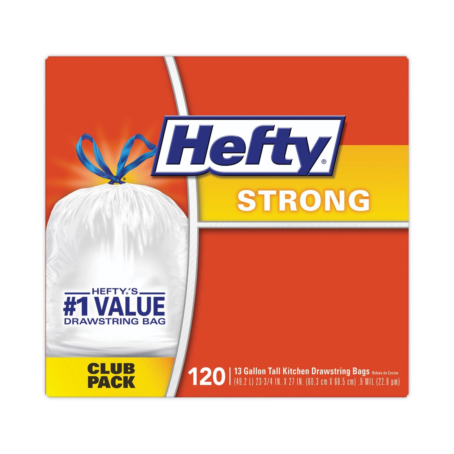 Hefty Strong Tall Kitchen Drawstring Bags, 13 gal, 0.9 mil, 24" x 27.75", White, 120/Box