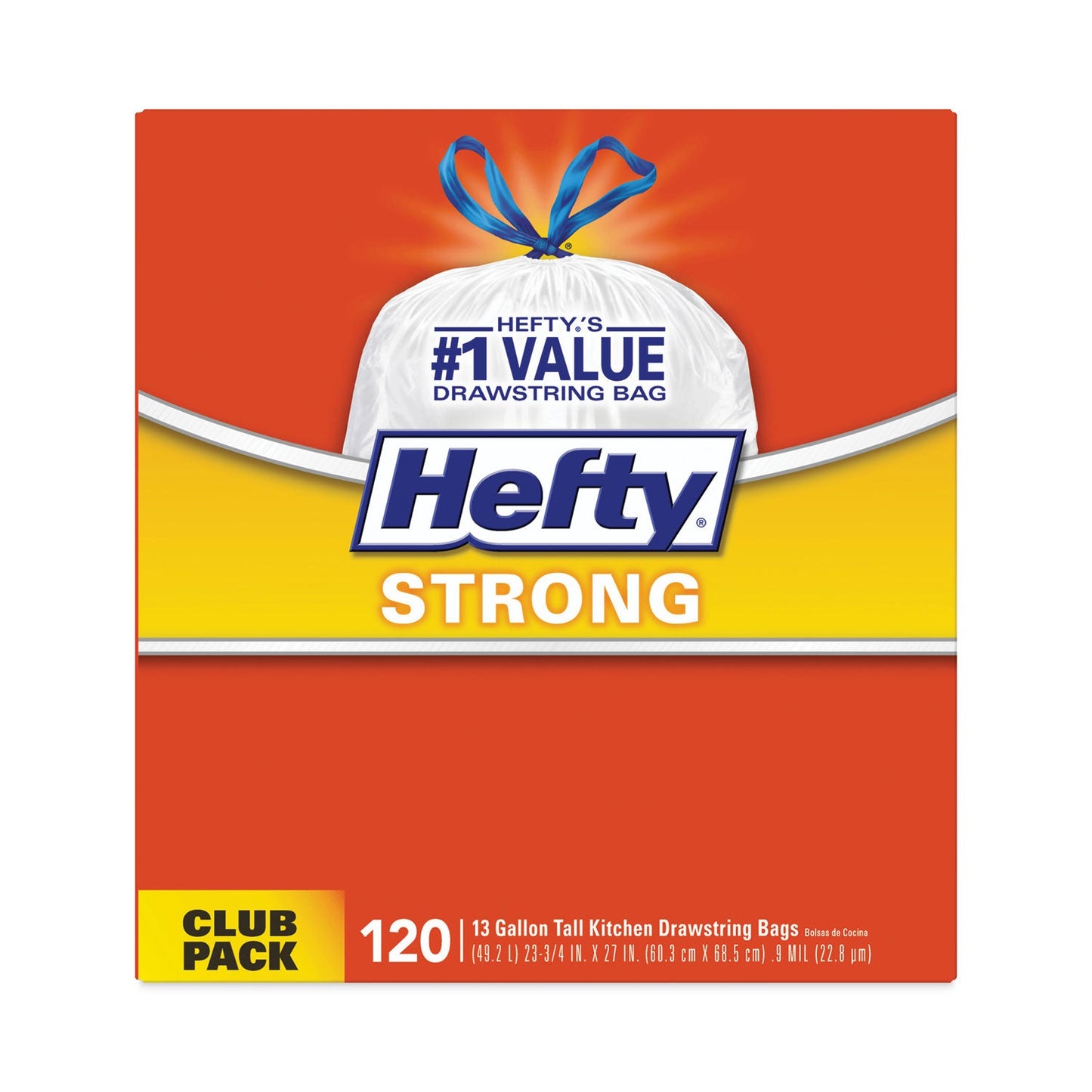 Hefty Strong Tall Kitchen Drawstring Bags, 13 gal, 0.9 mil, 24" x 27.75", White, 120/Box