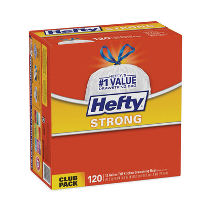 Hefty Strong Tall Kitchen Drawstring Bags, 13 gal, 0.9 mil, 23.75" x 27", White, 360/Carton