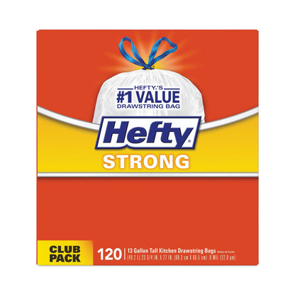 Hefty Strong Tall Kitchen Drawstring Bags, 13 gal, 0.9 mil, 23.75" x 27", White, 90/Box