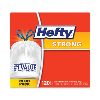Hefty Strong Tall Kitchen Drawstring Bags, 13 gal, 0.9 mil, 23.75" x 27", White, 90/Box, 3 Boxes/Carton