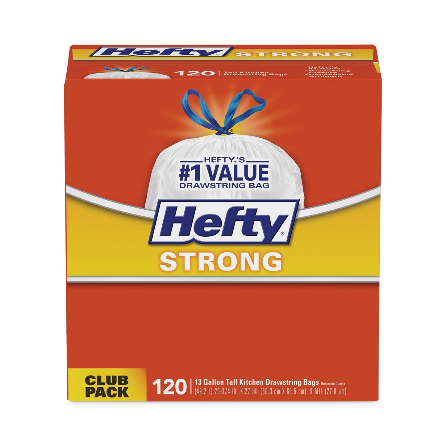Hefty Strong Tall Kitchen Drawstring Bags, 13 gal, 0.9 mil, 23.75" x 27", White, 90/Box, 3 Boxes/Carton