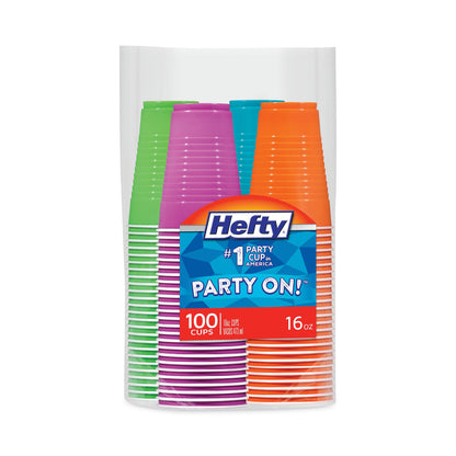 Hefty Easy Grip Disposable Plastic Party Cups, 16 oz, Assorted Colors, 100/Pack