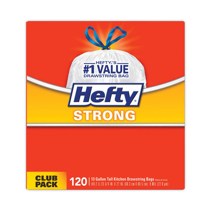 Hefty Strong Tall Kitchen Drawstring Bags, 13 gal, 0.9 mil, 23.75" x 27", White, 360/Carton