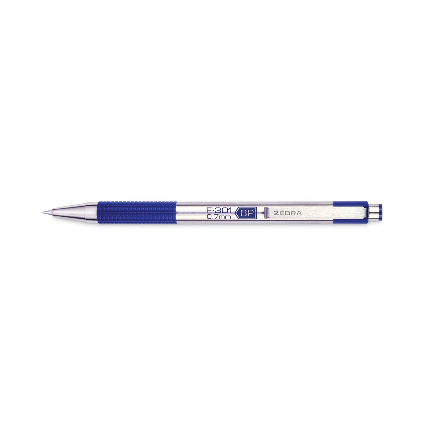 Zebra F-301 Ballpoint Pen, Retractable, Fine 0.7 mm, Blue Ink, Stainless Steel/Blue Barrel