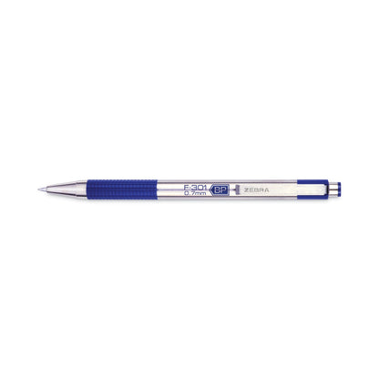 Zebra F-301 Ballpoint Pen, Retractable, Fine 0.7 mm, Blue Ink, Stainless Steel/Blue Barrel
