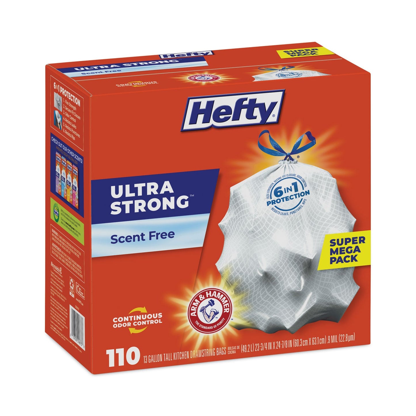 Hefty Ultra Strong Tall Kitchen and Trash Bags, 13 gal, 0.9 mil, 23.75" x 24.88", White, 330/Carton