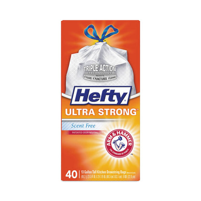 Hefty Ultra Strong Tall Kitchen and Trash Bags, 13 gal, 0.9 mil, 23.75" x 24.88", White, 40/Box