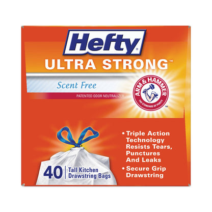 Hefty Ultra Strong Tall Kitchen and Trash Bags, 13 gal, 0.9 mil, 23.75" x 24.88", White, 40/Box, 6 Boxes/Carton