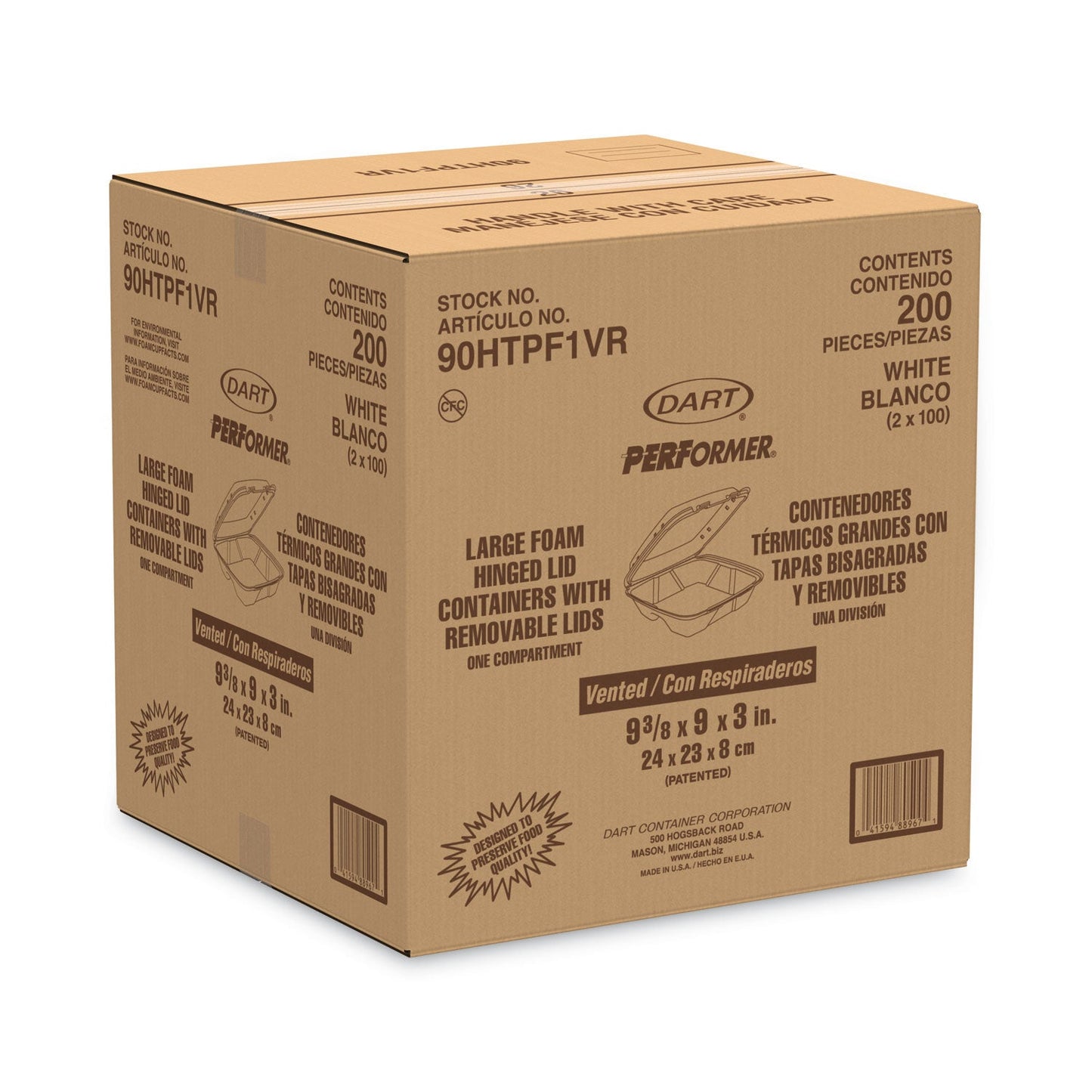 Dart Foam Hinged Lid Container, Vented Lid, 9 x 9.4 x 3, White, 100/Pack, 2 Packs/Carton