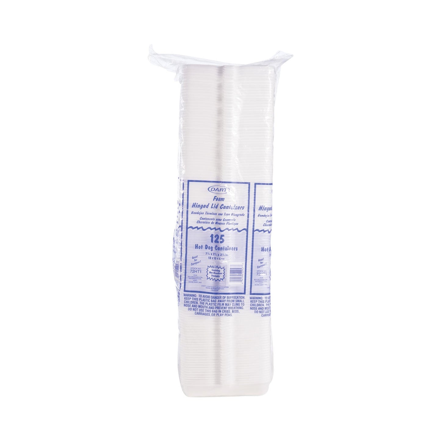 Dart Foam Hinged Lid Container, Hot Dog Container, 3.8 x 7.1 x 2.3, White,125/Bag, 4 Bags/Carton