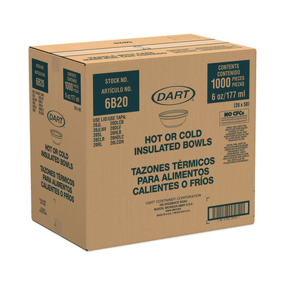 Dart Insulated Foam Bowls, 6 oz, White, 50/Pack, 20 Packs/Carton