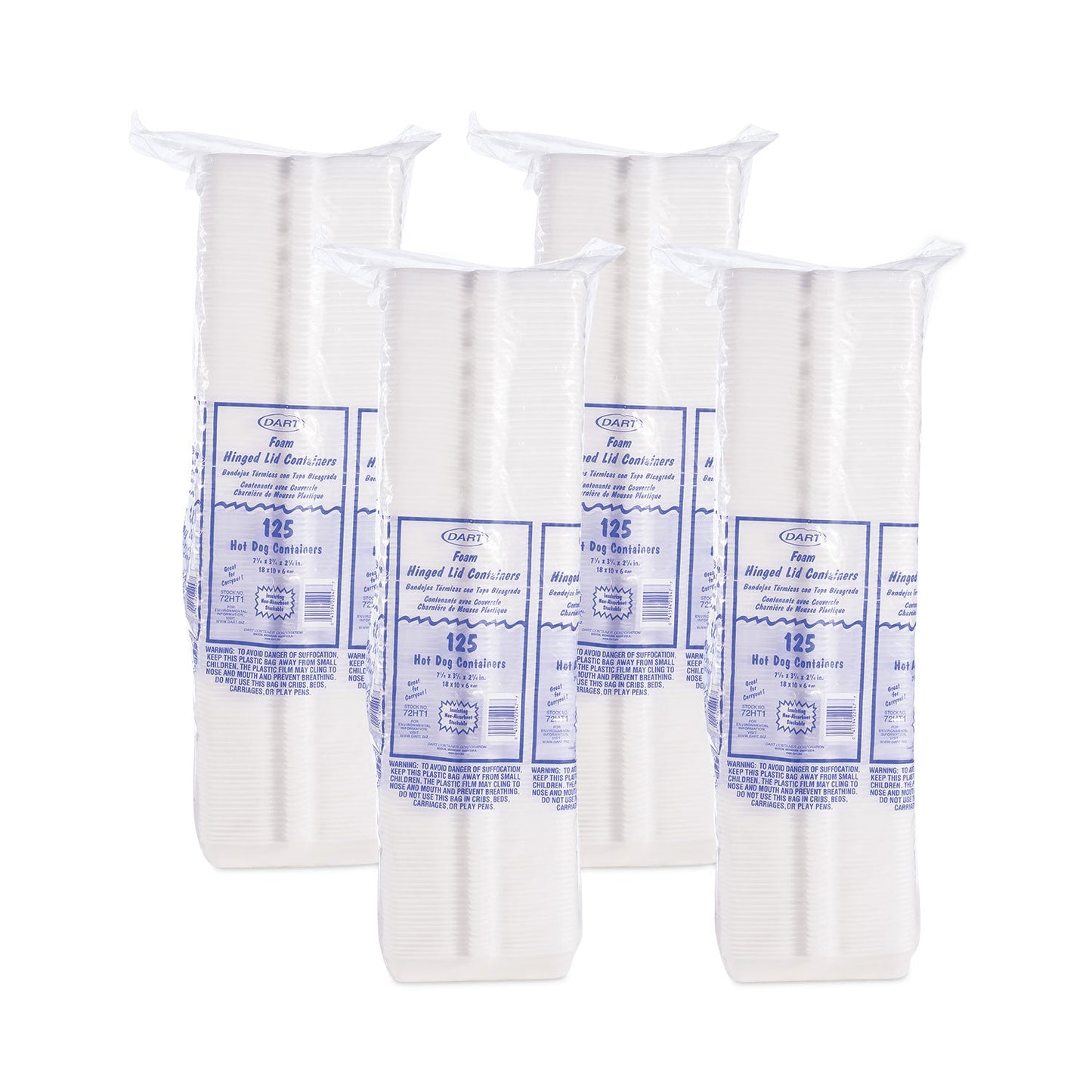 Dart Foam Hinged Lid Container, Hot Dog Container, 3.8 x 7.1 x 2.3, White,125/Bag, 4 Bags/Carton