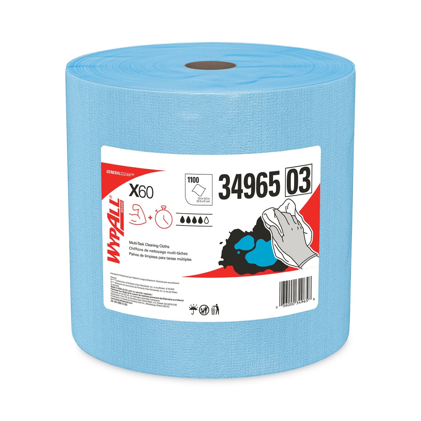WypAll General Clean X60 Cloths, Jumbo Roll, 12.5 x 13.4, Blue, 1,100/Roll