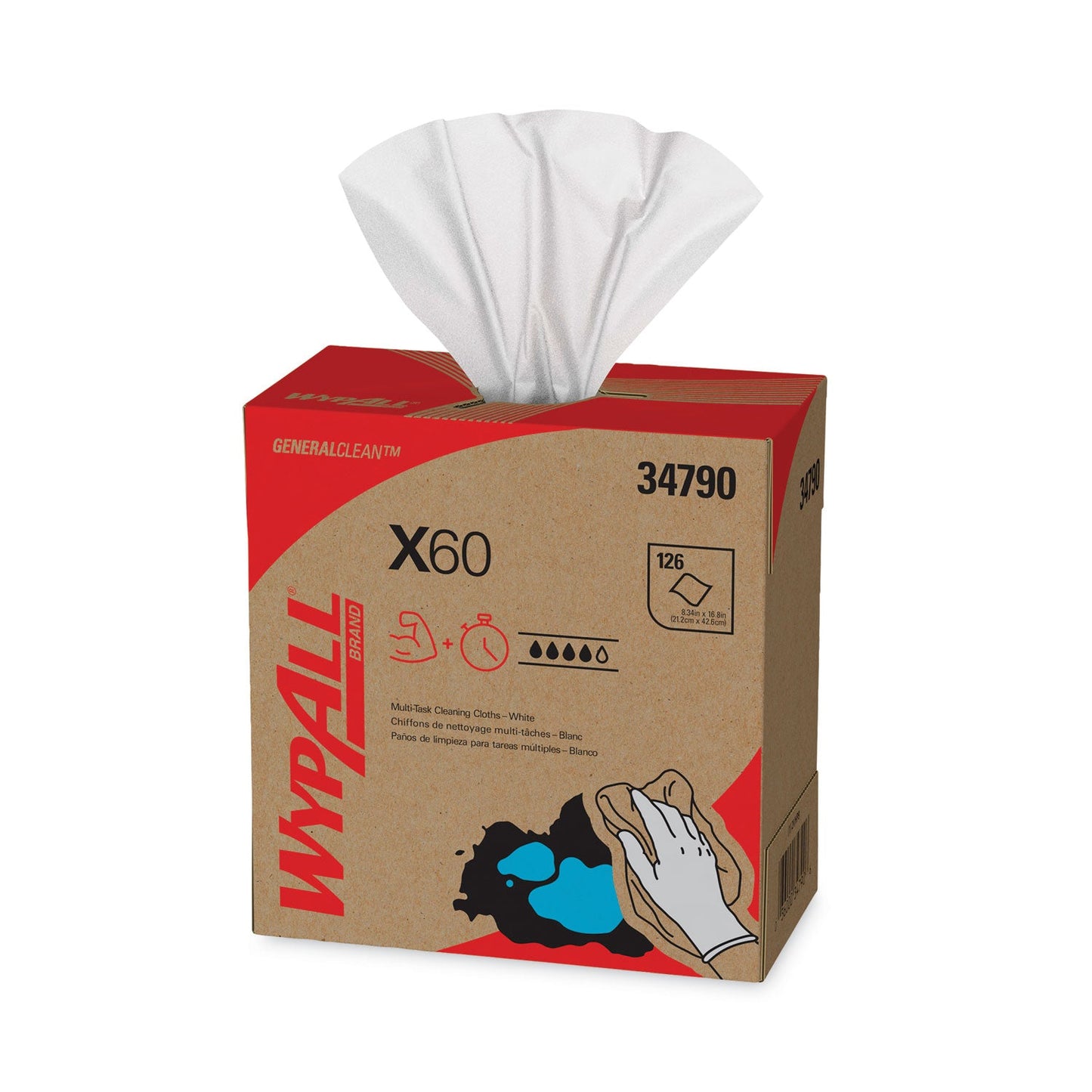 WypAll General Clean X60 Cloths, POP-UP Box, 9.1 x 16.8, White, 126/Box