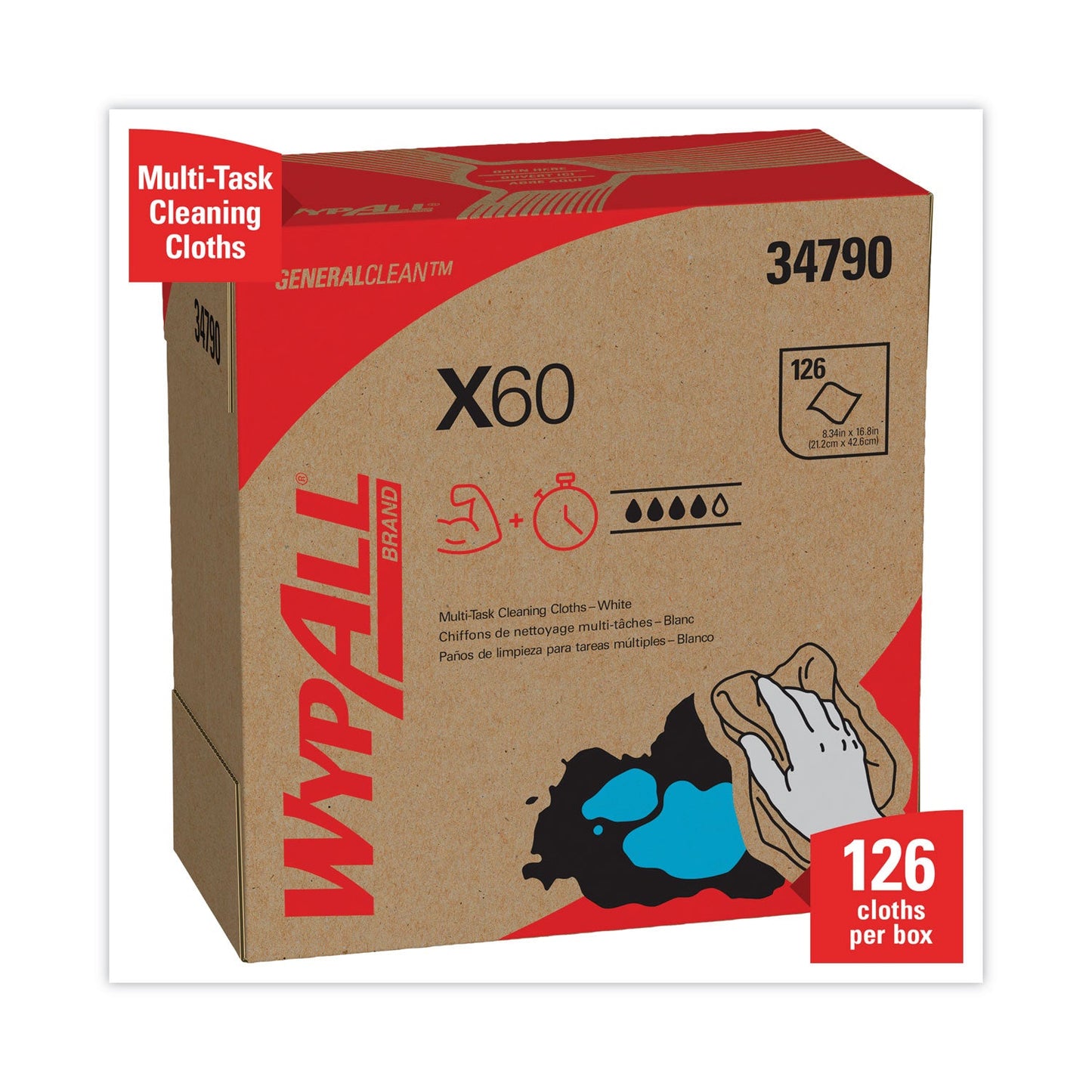 WypAll General Clean X60 Cloths, POP-UP Box, 9.1 x 16.8, White, 126/Box