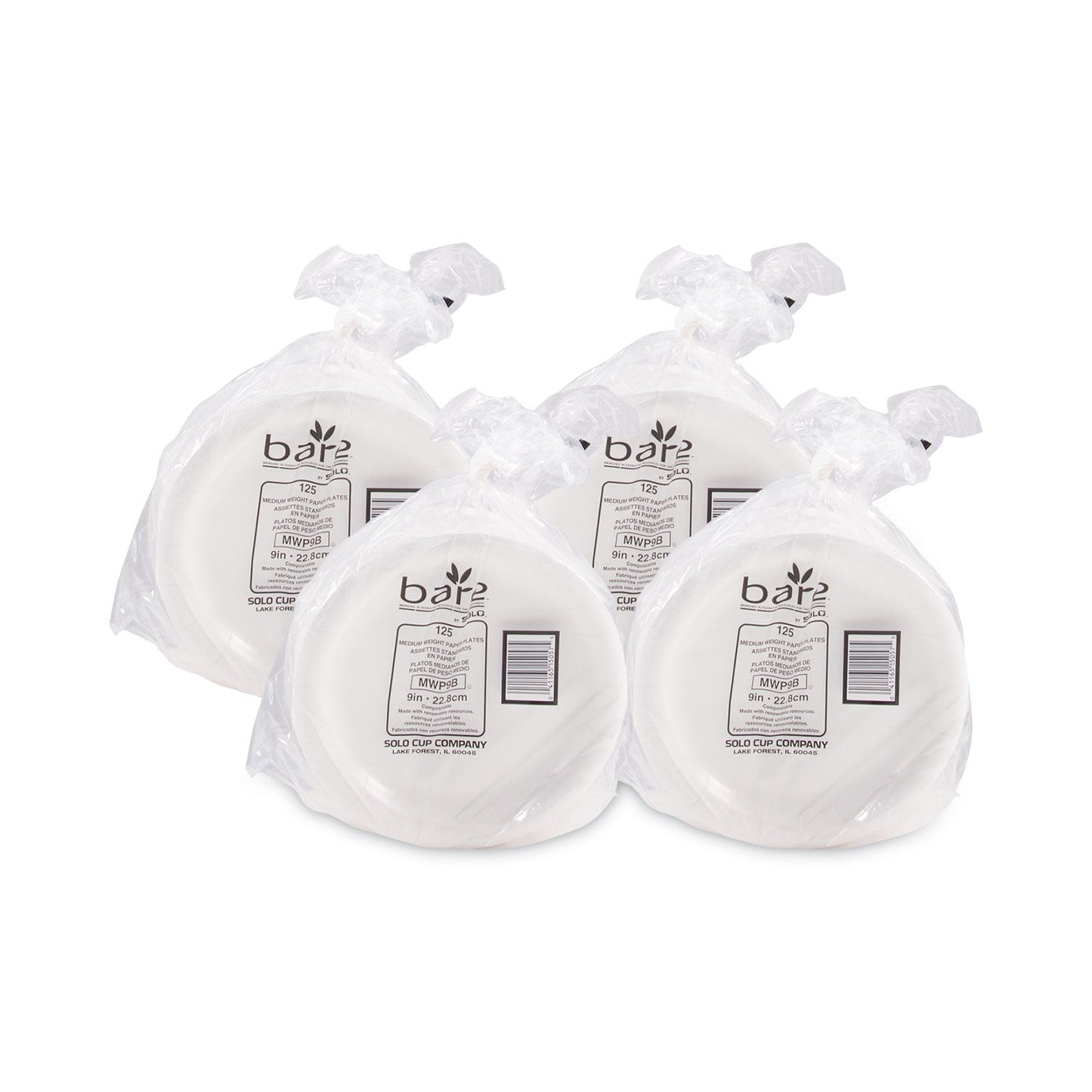 Dart Bare Eco-Forward Clay-Coated Mediumweight Paper Plate, 9" dia, White, 125/Pack, 4 Packs/Carton
