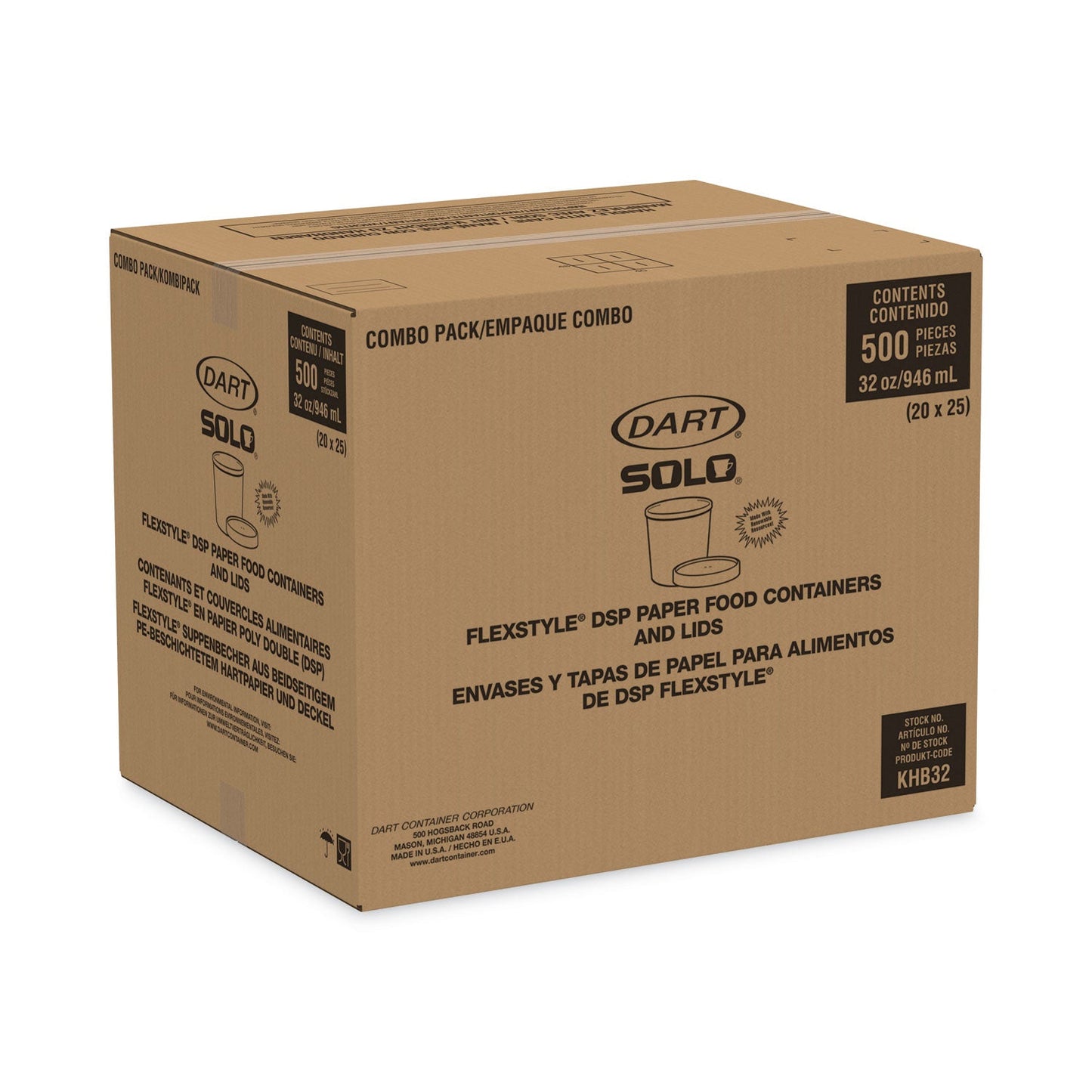 Dart Flexstyle Double Poly Food Combo Pack, 32 oz, White, Paper, 25/Pack, 10 Packs/Carton