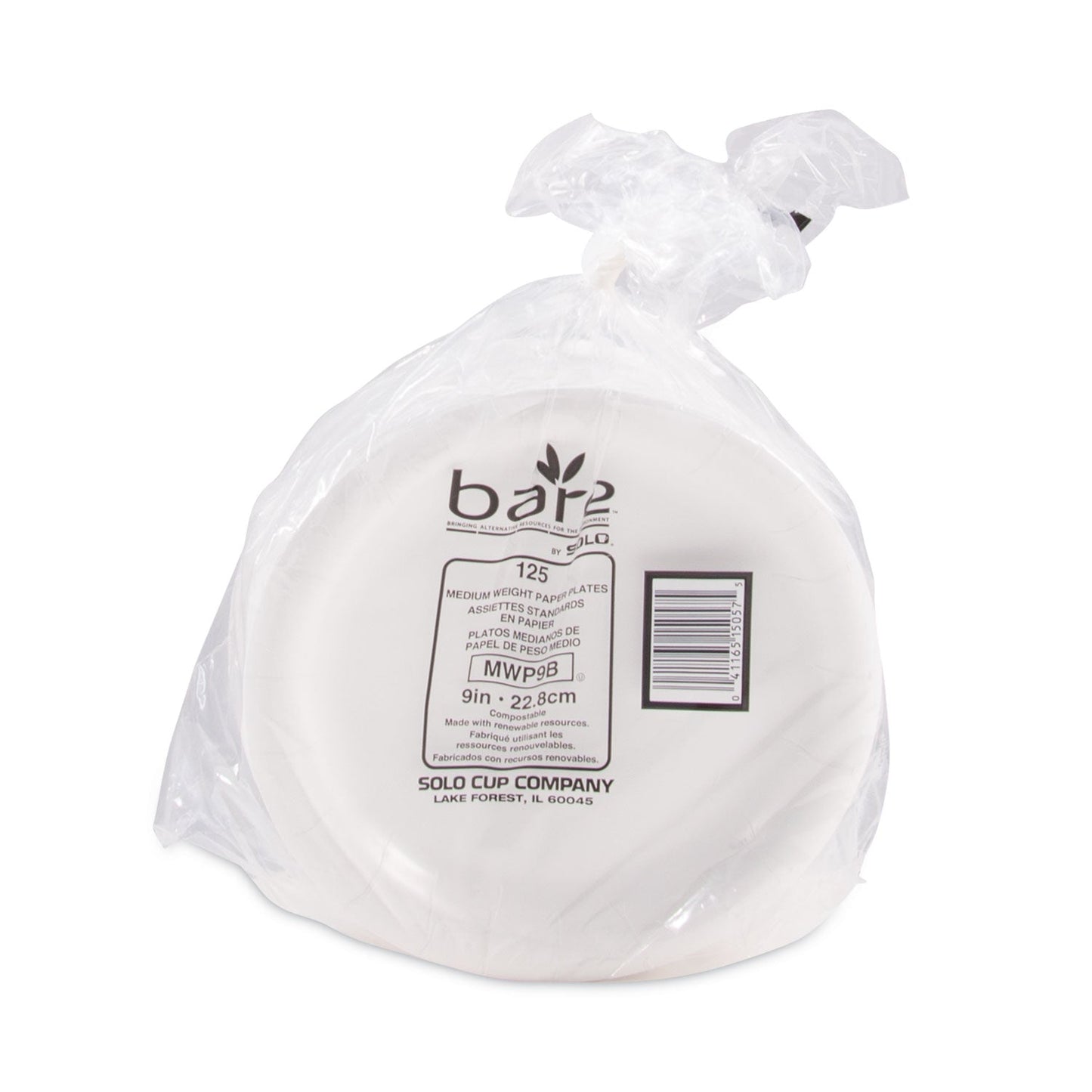 Dart Bare Eco-Forward Clay-Coated Mediumweight Paper Plate, 9" dia, White, 125/Pack, 4 Packs/Carton