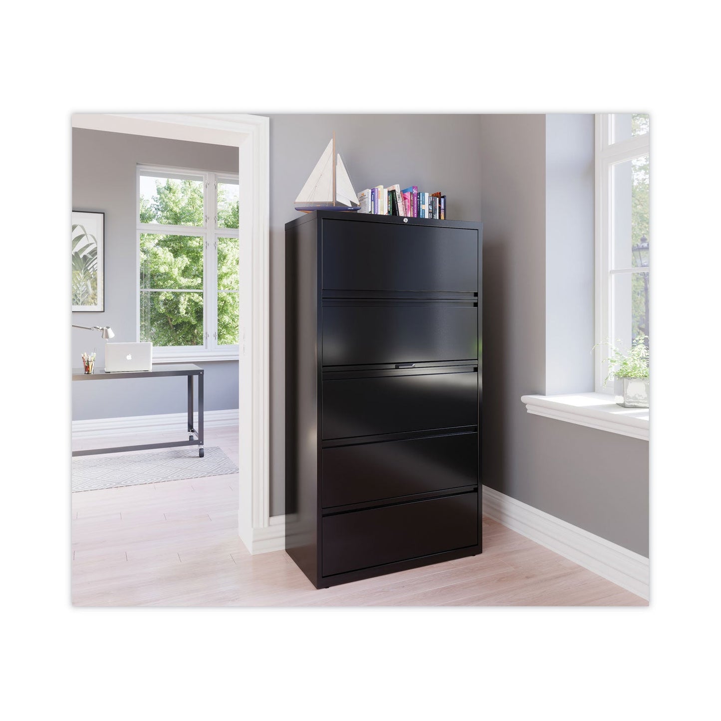Hirsh Industries Lateral File Cabinet, 5 Letter/Legal/A4-Size File Drawers, Black, 30 x 18.62 x 67.62