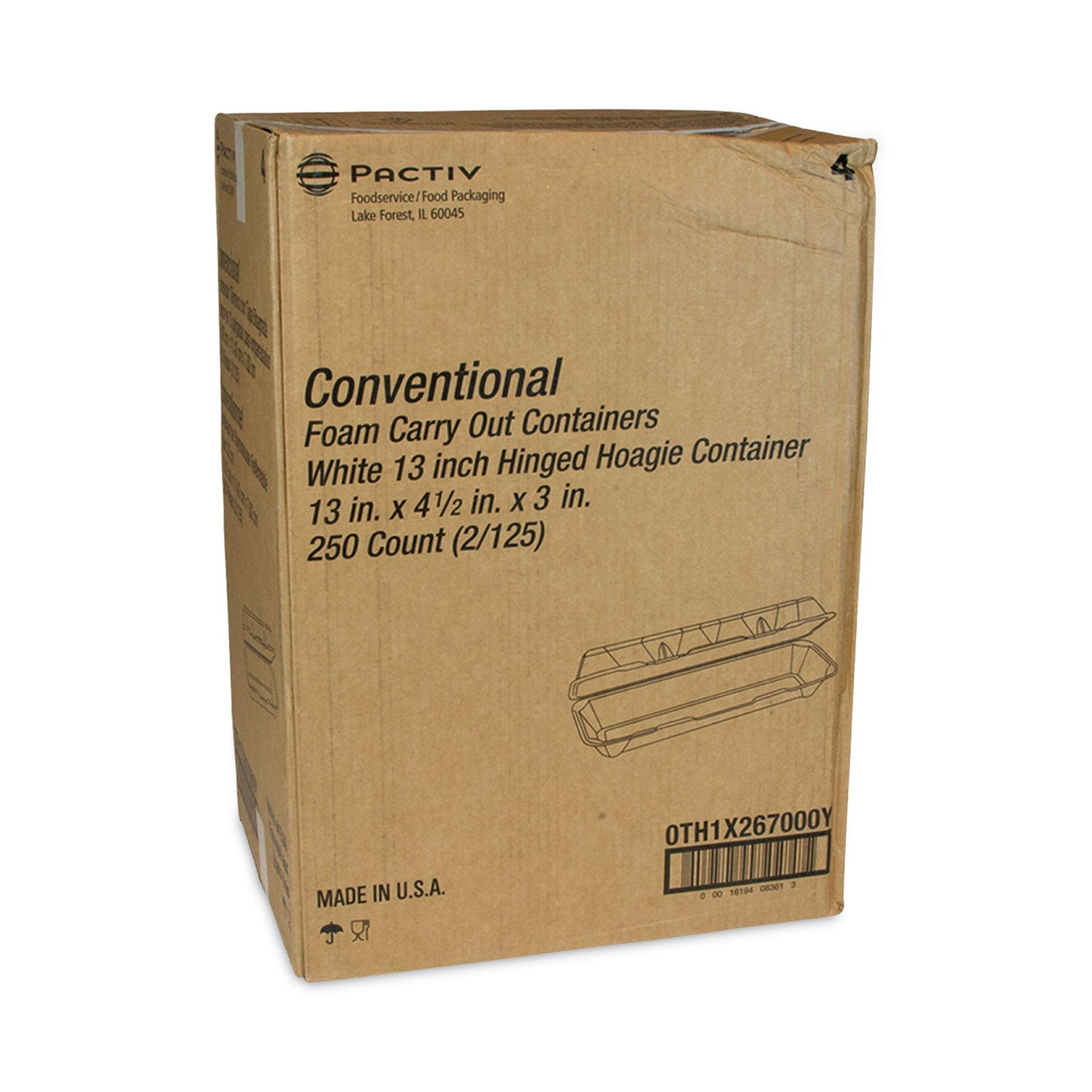 Pactiv Evergreen Foam Hinged Lid Containers, Dual Tab Lock Hoagie, 13 x 4 x 4, White, 250/Carton