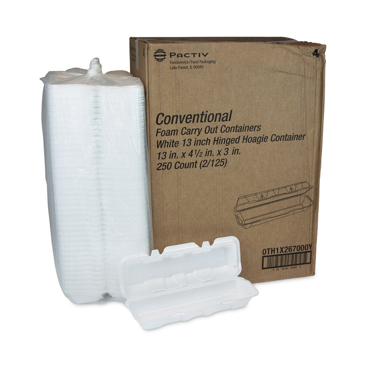 Pactiv Evergreen Foam Hinged Lid Containers, Dual Tab Lock Hoagie, 13 x 4 x 4, White, 250/Carton