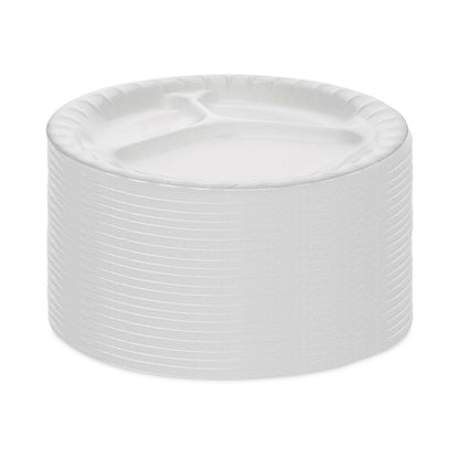 Pactiv Evergreen Placesetter Deluxe Laminated Foam Dinnerware, 3-Compartment Plate, 8.88" dia, White, 500/Carton