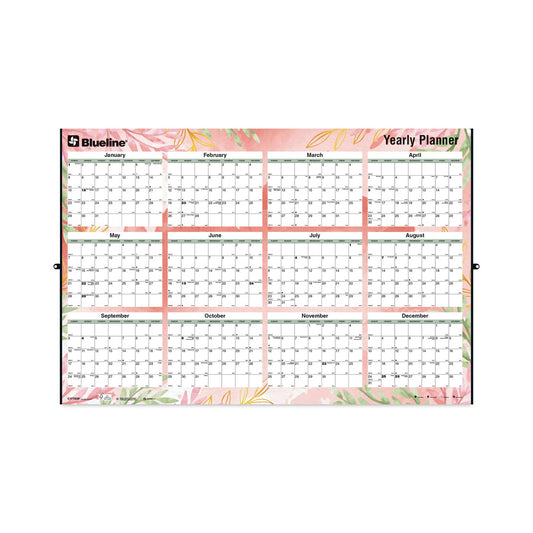 Blueline Yearly Laminated Wall Calendar, Autumn Leaves Watercolor Artwork, 36 x 24, White/Sand/Orange Sheets, 12-Month (Jan-Dec): 2023