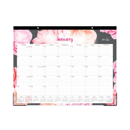 Blue Sky Joselyn Desk Pad, Rose Artwork, 22 x 17, White/Pink/Peach Sheets, Black Binding, Clear Corners, 12-Month (Jan-Dec): 2023