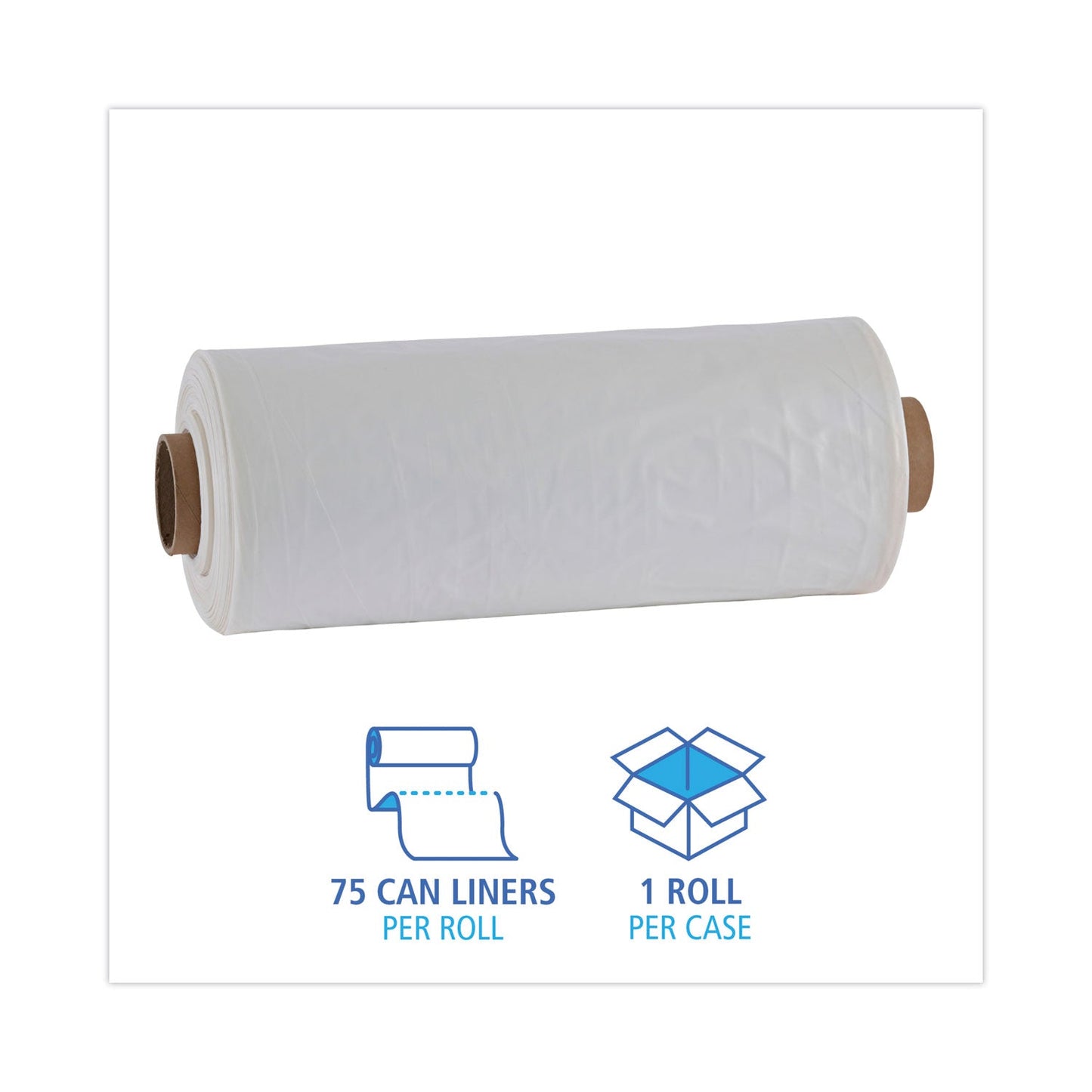 Boardwalk Industrial Drum Liners Rolls, 60 gal, 1.8 mil, 38 x 63, Clear, 1 Roll of 75 Bags
