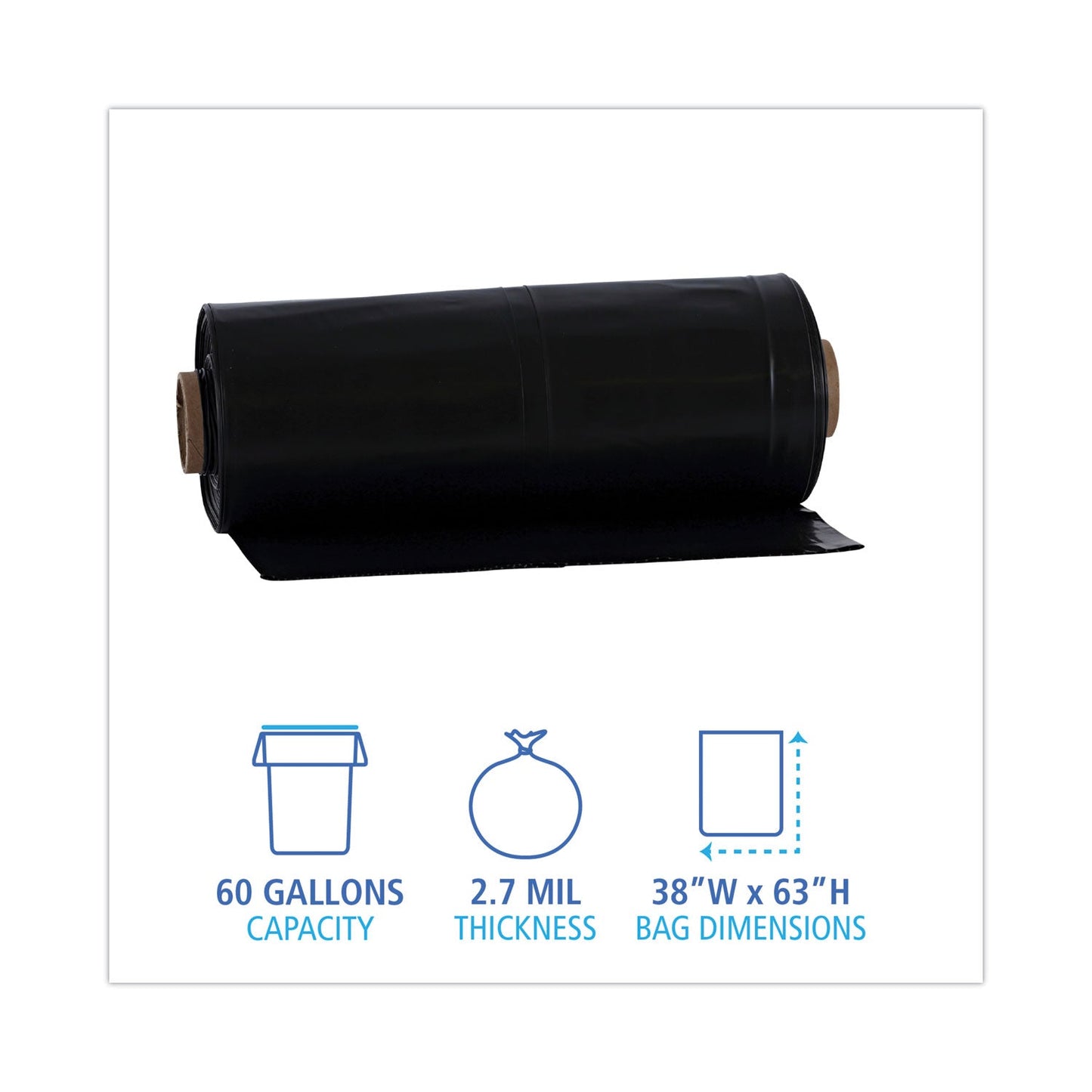 Boardwalk Industrial Drum Liners Rolls, 60 gal, 2.7 mil, 38 x 63, Black, 1 Roll of 50 Bags