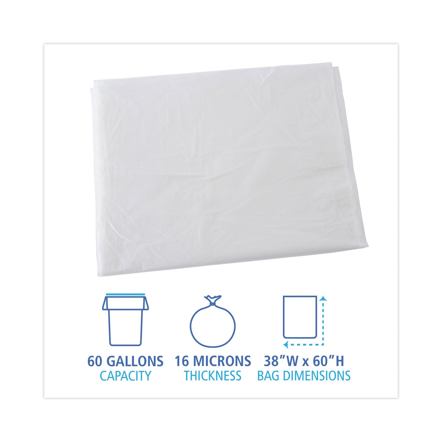 Boardwalk High Density Industrial Can Liners Flat Pack, 60 gal, 16 microns, 38 x 60, Natural, 100/Carton