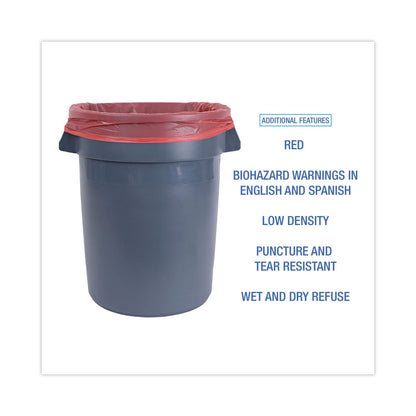 Boardwalk Linear Low Density Health Care Trash Can Liners, 33 gal, 1.3 mil, 33 x 39, Red, 150/Carton