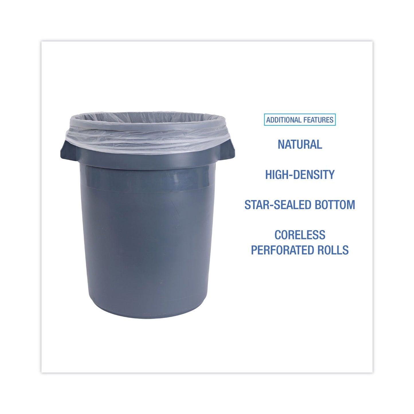 Boardwalk High Density Industrial Can Liners Coreless Rolls, 30 gal, 16 microns, 30 x 37, Natural, 20 Rolls 25 Bags