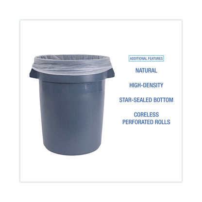 Boardwalk High Density Industrial Can Liners Coreless Rolls, 30 gal, 16 microns, 30 x 37, Natural, 20 Rolls 25 Bags