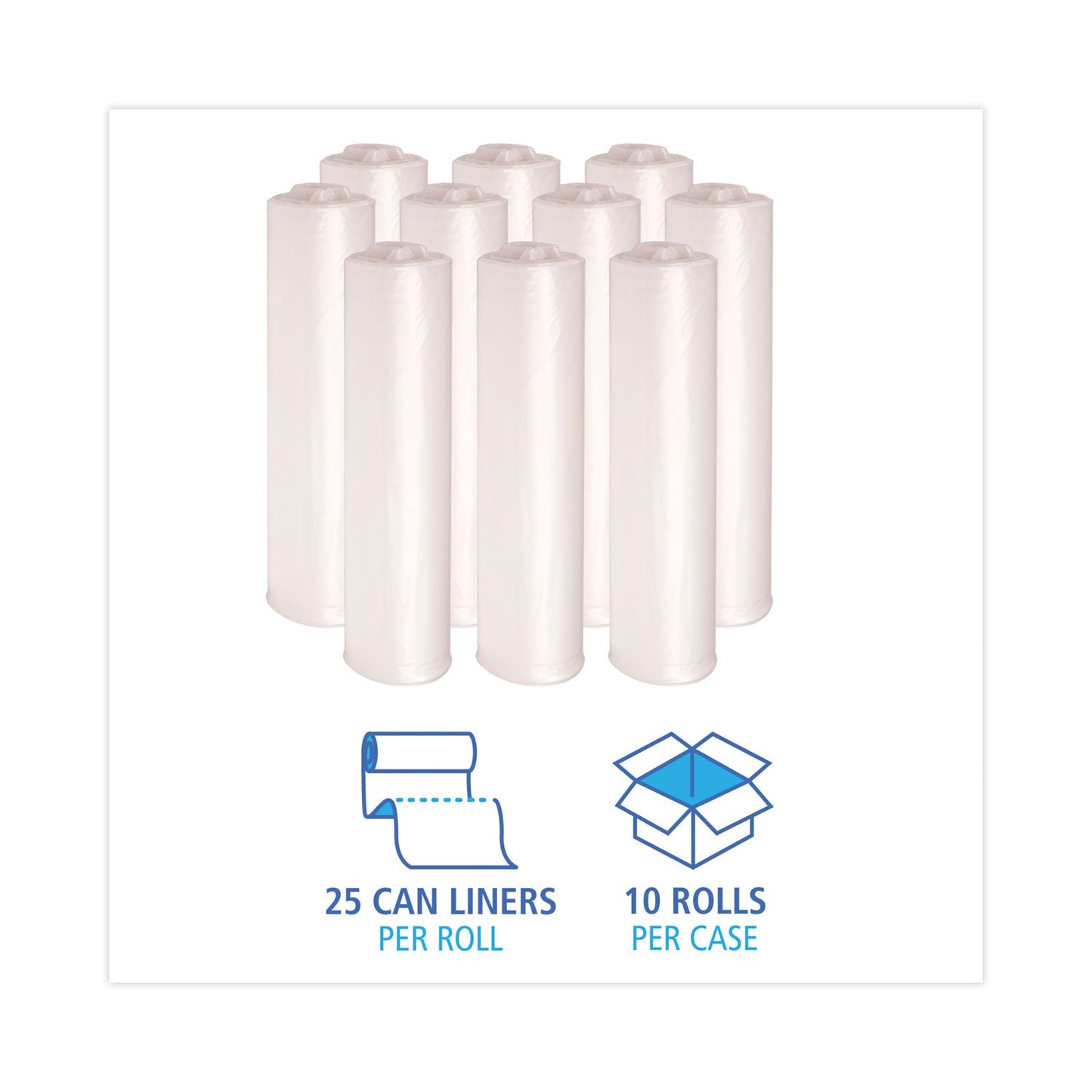 Boardwalk High Density Industrial Can Liners Coreless Rolls, 33 gal, 16 microns, 33 x 40, Natural, 10 Rolls of 25 Bags