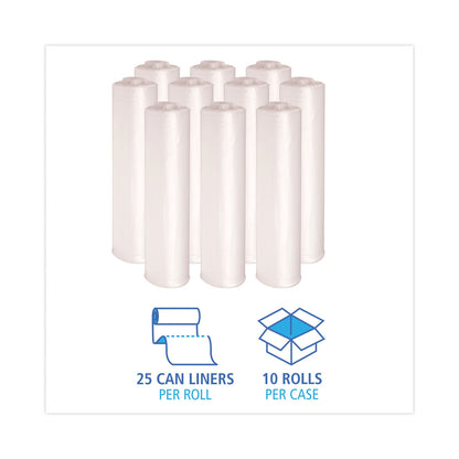Boardwalk High Density Industrial Can Liners Coreless Rolls, 33 gal, 16 microns, 33 x 40, Natural, 10 Rolls of 25 Bags