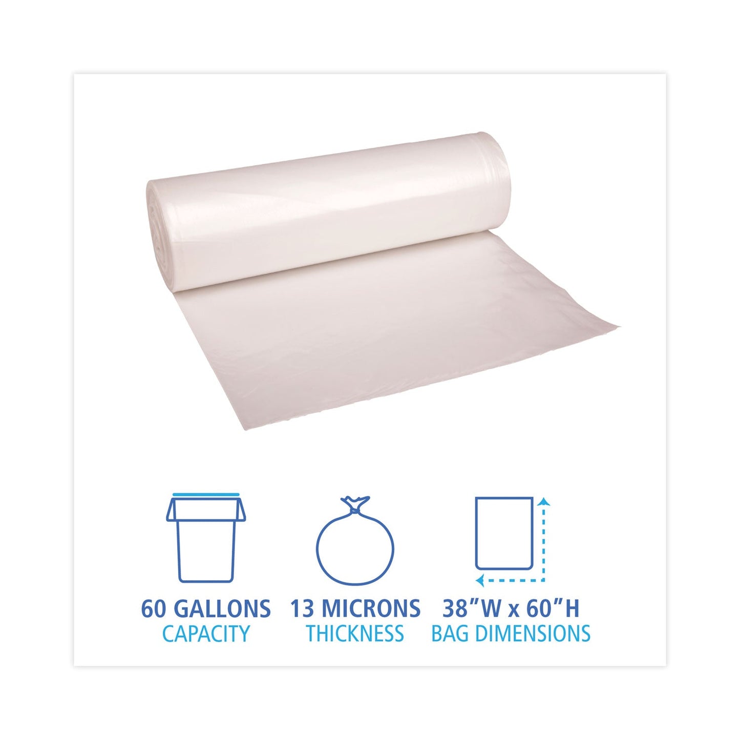 Boardwalk High Density Industrial Can Liners Coreless Rolls, 60 gal, 13 microns, 38 x 60, Natural, 8 Rolls of 25 Bags