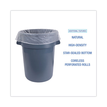 Boardwalk High Density Industrial Can Liners Coreless Rolls, 60 gal, 13 microns, 38 x 60, Natural, 8 Rolls of 25 Bags