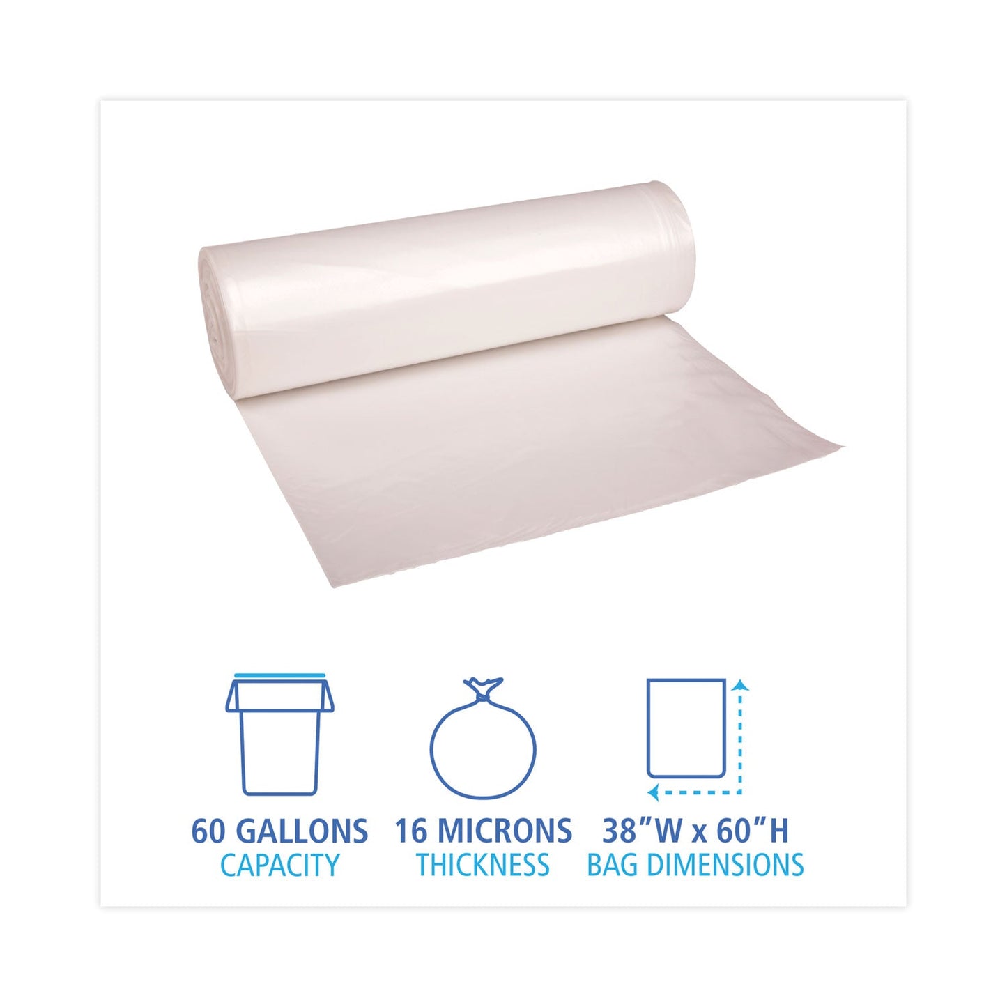Boardwalk High Density Industrial Can Liners Coreless Rolls, 60 gal, 16 microns, 38 x 60, Natural, 8 Rolls of 25 Bags