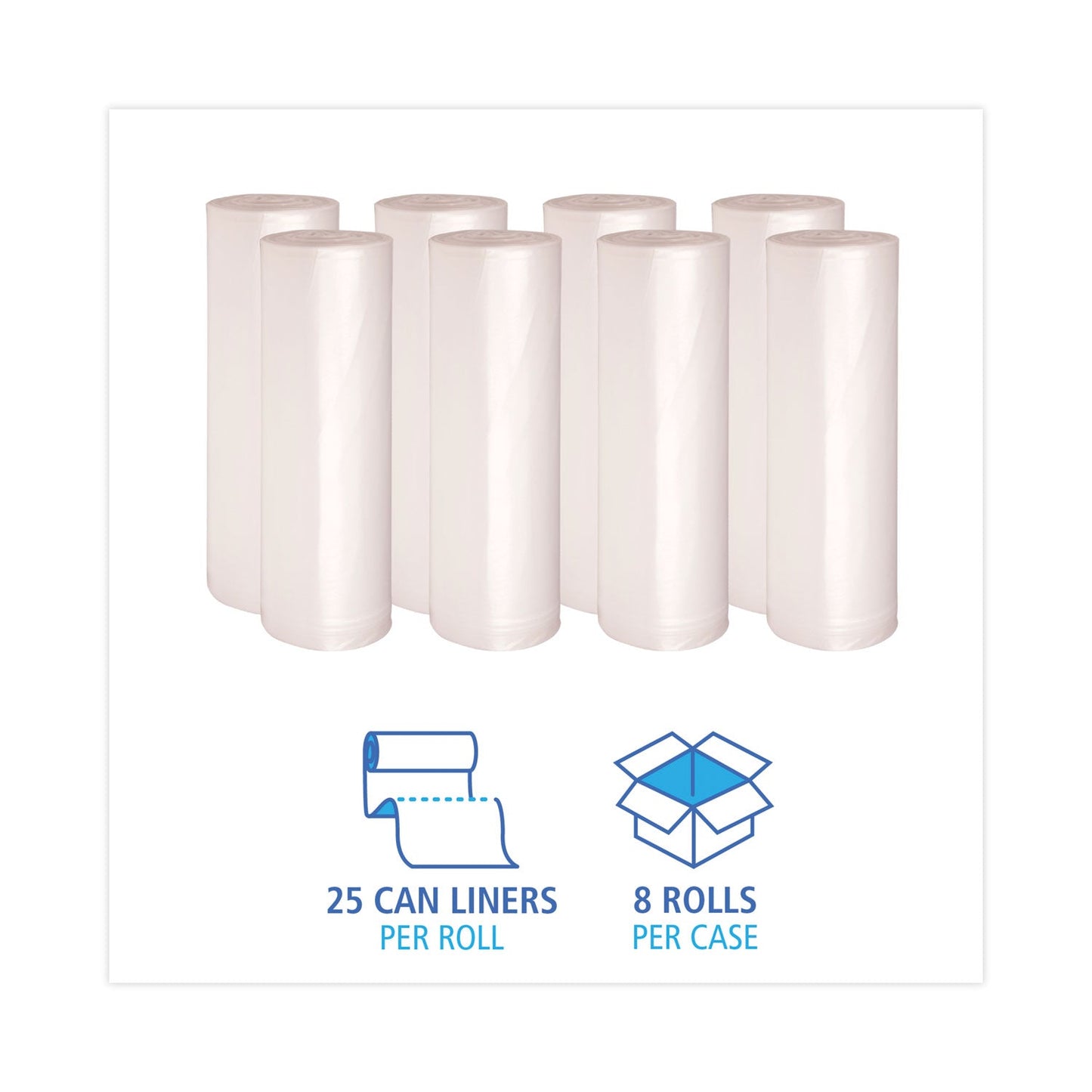 Boardwalk High Density Industrial Can Liners Coreless Rolls, 60 gal, 16 microns, 38 x 60, Natural, 8 Rolls of 25 Bags
