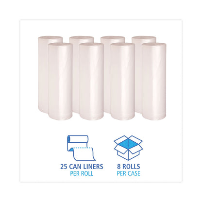 Boardwalk High Density Industrial Can Liners Coreless Rolls, 60 gal, 16 microns, 38 x 60, Natural, 8 Rolls of 25 Bags
